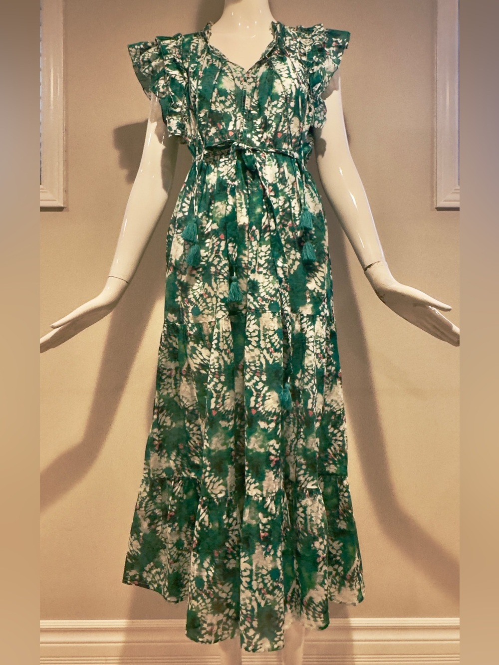 🌿 SUNCOO Paris Cotton Ruffle Midi Dress T3 Boho Tiered Green 🌿